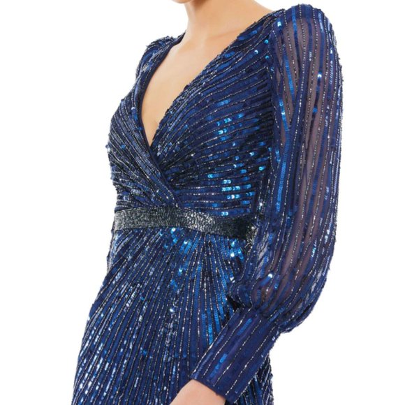 MAC DUGGAL 5501 SEQUIN WRAP OVER  BISHOP SLEEVE MIDNIGHT NAVY sz 12 - Picture 2 of 3